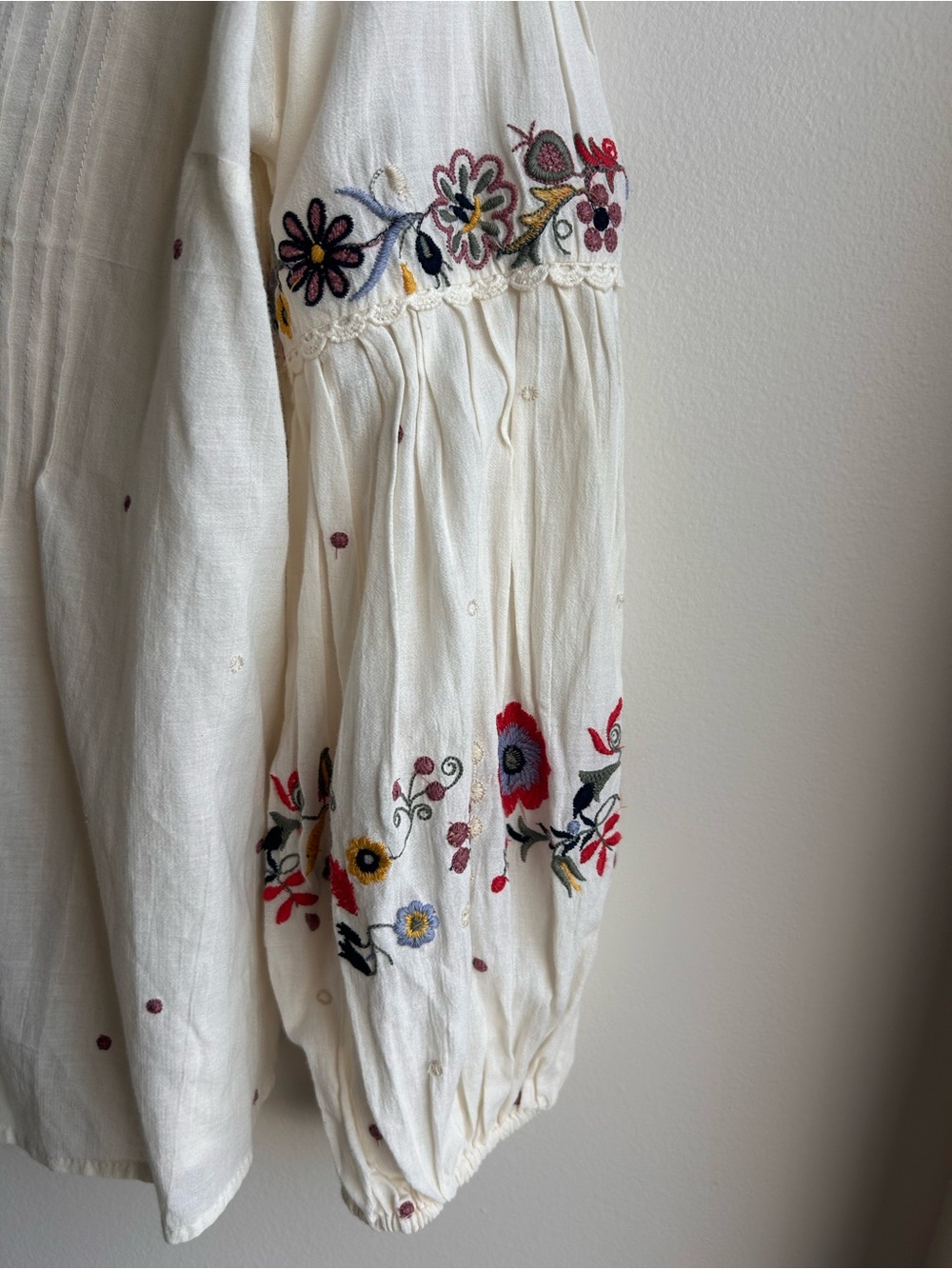 Embroidered V-Neck Balloon Sleeve Top - White with Multicolor Floral Trim - Picture 8 of 8